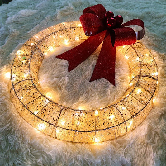 Christmas Garland 50CM Luminous LED Warm Light Metal Luminous Wreath with Big Bowknot Christmas Front Door Home Holiday Party Door Hanging Decor