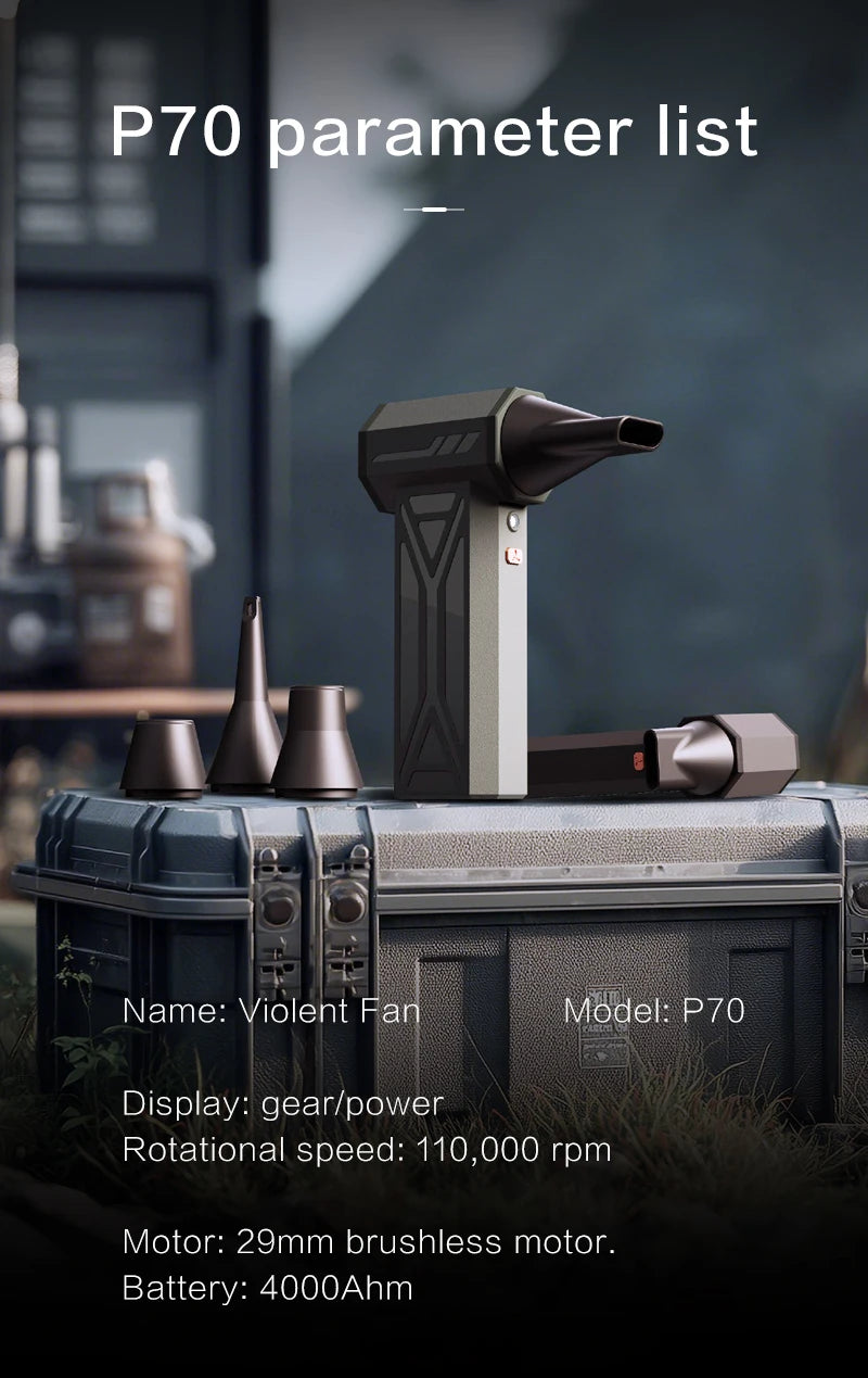 P70 Turbo Jet Blower 110000RPM High Power Air Blower Brushless Motor Turbo Fan Wind Speed 52m/s 40000mAh Violent Air Blower