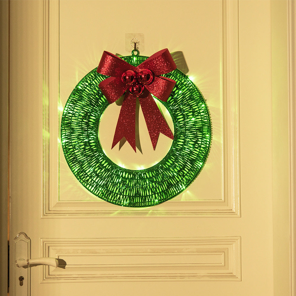 Christmas Garland 50CM Luminous LED Warm Light Metal Luminous Wreath with Big Bowknot Christmas Front Door Home Holiday Party Door Hanging Decor