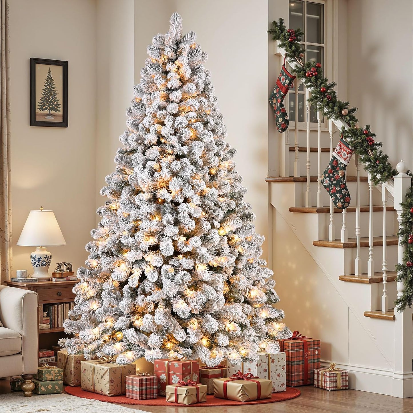 Transform Your Holiday Season with Our 7.5Ft Prelit Snow Flocked Christmas Tree - 350 Warm White Lights & 1170 Branch Tips for a Lush, Festive Atmosphere