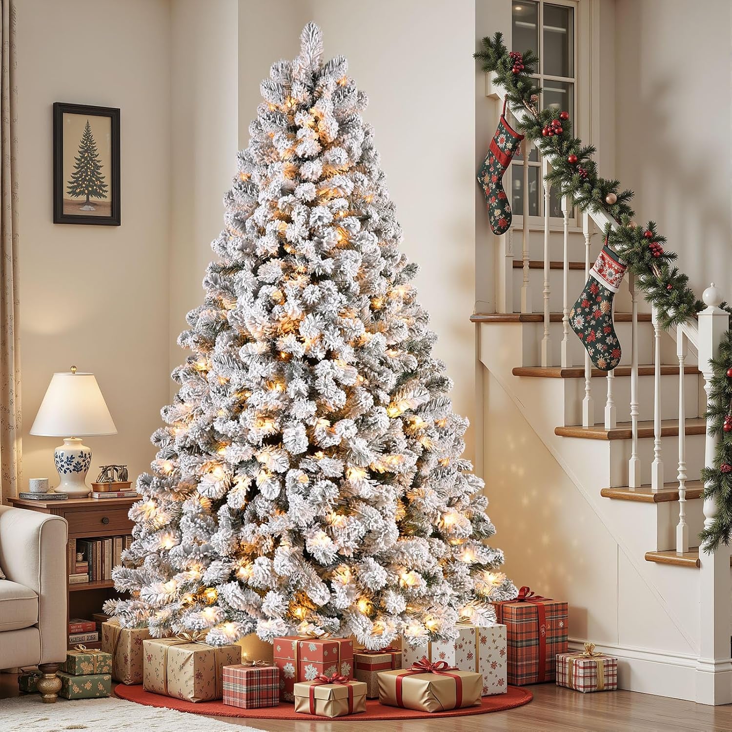 Transform Your Holiday Season with Our 7.5Ft Prelit Snow Flocked Christmas Tree - 350 Warm White Lights & 1170 Branch Tips for a Lush, Festive Atmosphere
