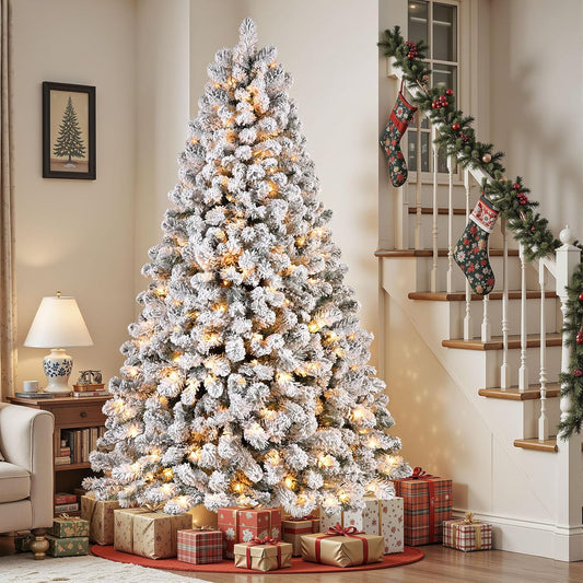 Transform Your Holiday Season with Our 7.5Ft Prelit Snow Flocked Christmas Tree - 350 Warm White Lights & 1170 Branch Tips for a Lush, Festive Atmosphere