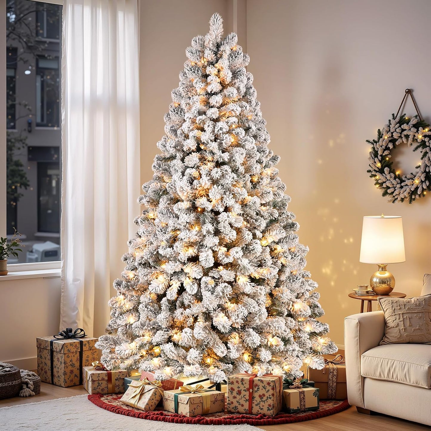 Transform Your Holiday Season with Our 7.5Ft Prelit Snow Flocked Christmas Tree - 350 Warm White Lights & 1170 Branch Tips for a Lush, Festive Atmosphere