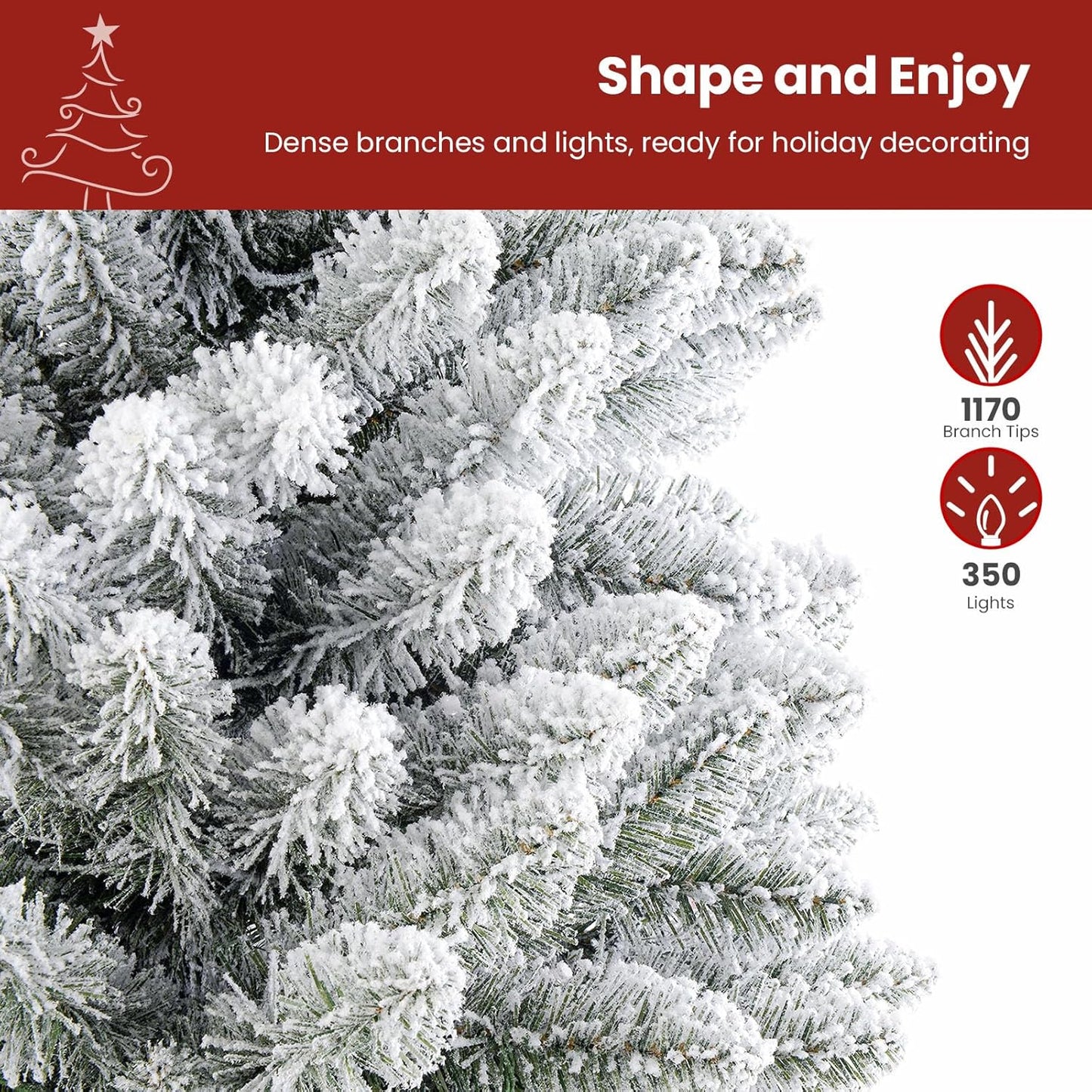 Transform Your Holiday Season with Our 7.5Ft Prelit Snow Flocked Christmas Tree - 350 Warm White Lights & 1170 Branch Tips for a Lush, Festive Atmosphere