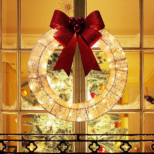 Christmas Garland 50CM Luminous LED Warm Light Metal Luminous Wreath with Big Bowknot Christmas Front Door Home Holiday Party Door Hanging Decor