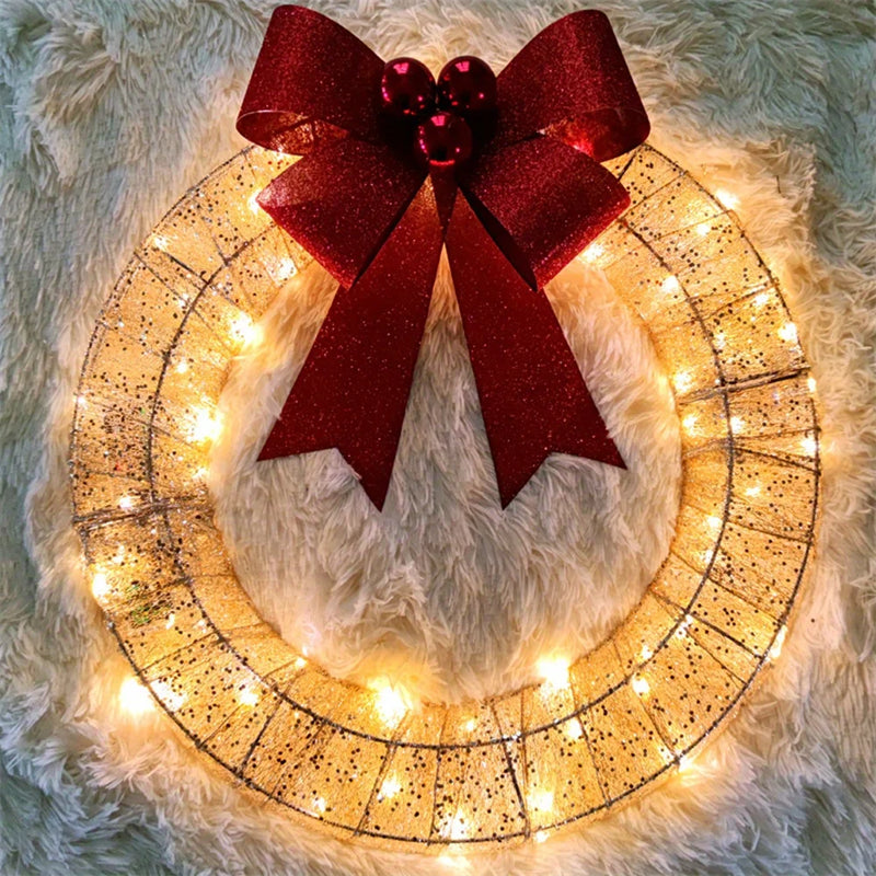 Christmas Garland 50CM Luminous LED Warm Light Metal Luminous Wreath with Big Bowknot Christmas Front Door Home Holiday Party Door Hanging Decor