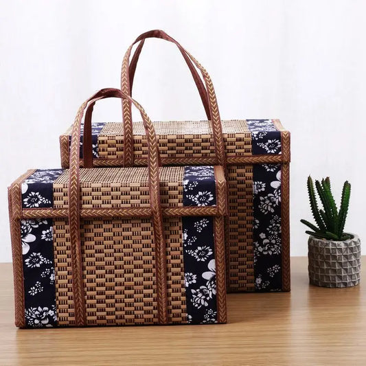 1pc Handcrafted Bamboo Picnic Basket With Handles, Rectangular Retro Style Foldable Bamboo Bag For Snacks & Fruits, Portable Wov