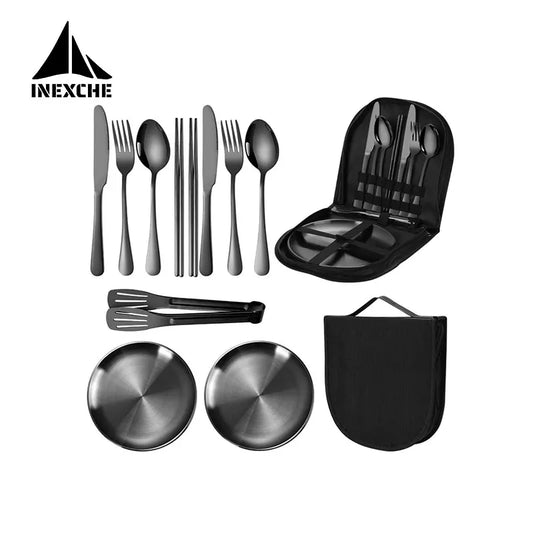 11 Pcs/lot Picnic Tableware Kit Portable Stainless Steel Knife Fork Spoon Plate Cutlery Set Outdoor Travel Camping Equipment