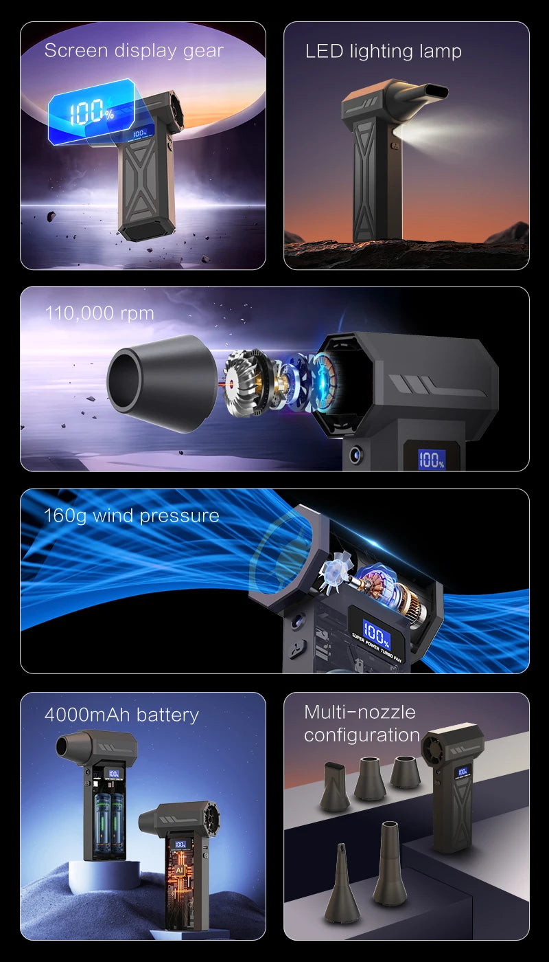 P70 Turbo Jet Blower 110000RPM High Power Air Blower Brushless Motor Turbo Fan Wind Speed 52m/s 40000mAh Violent Air Blower