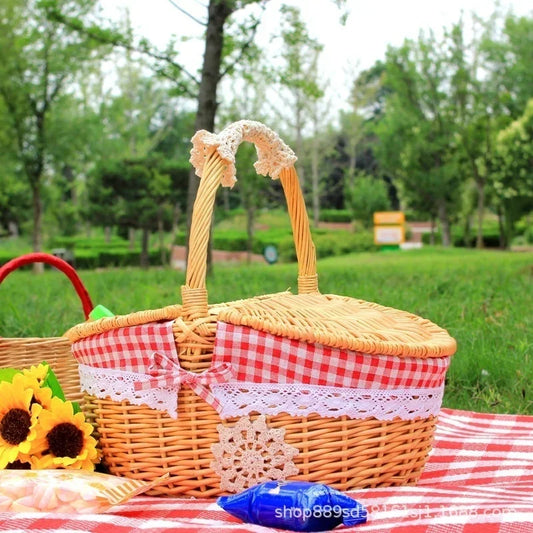 Simple Cute Wicker Carry-on Handle Storage Baskets Picnic Basket with Lid Fruit Food Basket Home Organization Accessories 2024